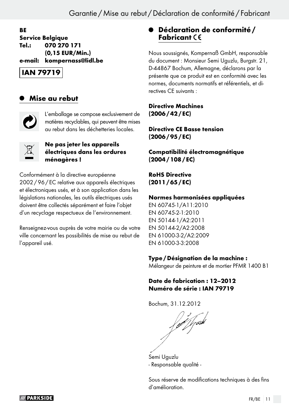 Mise au rebut, Déclaration de conformité / fabricant | Parkside PFMR 1400 B1 User Manual | Page 11 / 36