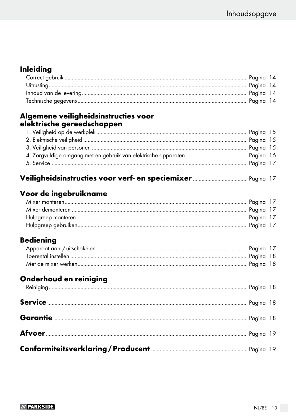 Inhoudsopgave | Parkside PFMR 1400 B1 User Manual | Page 13 / 36