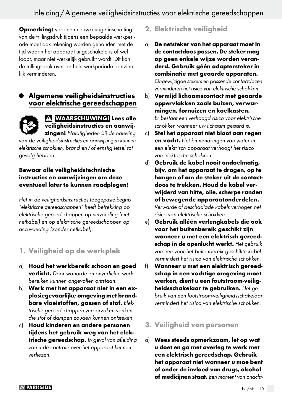 Veiligheid op de werkplek, Elektrische veiligheid, Veiligheid van personen | Parkside PFMR 1400 B1 User Manual | Page 15 / 36