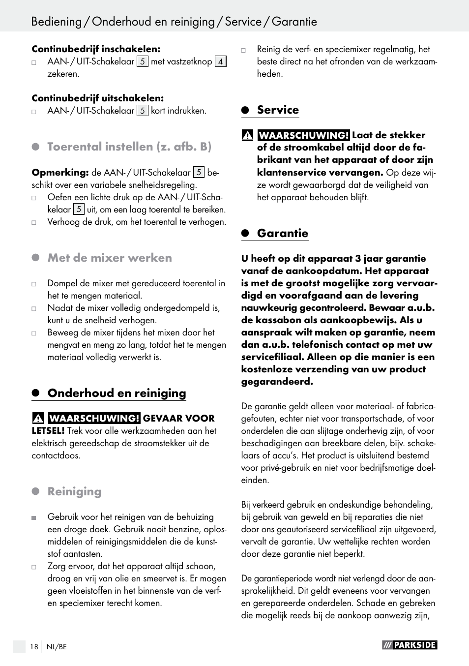 Toerental instellen (z. afb. b), Met de mixer werken, Onderhoud en reiniging | Reiniging, Service, Garantie | Parkside PFMR 1400 B1 User Manual | Page 18 / 36