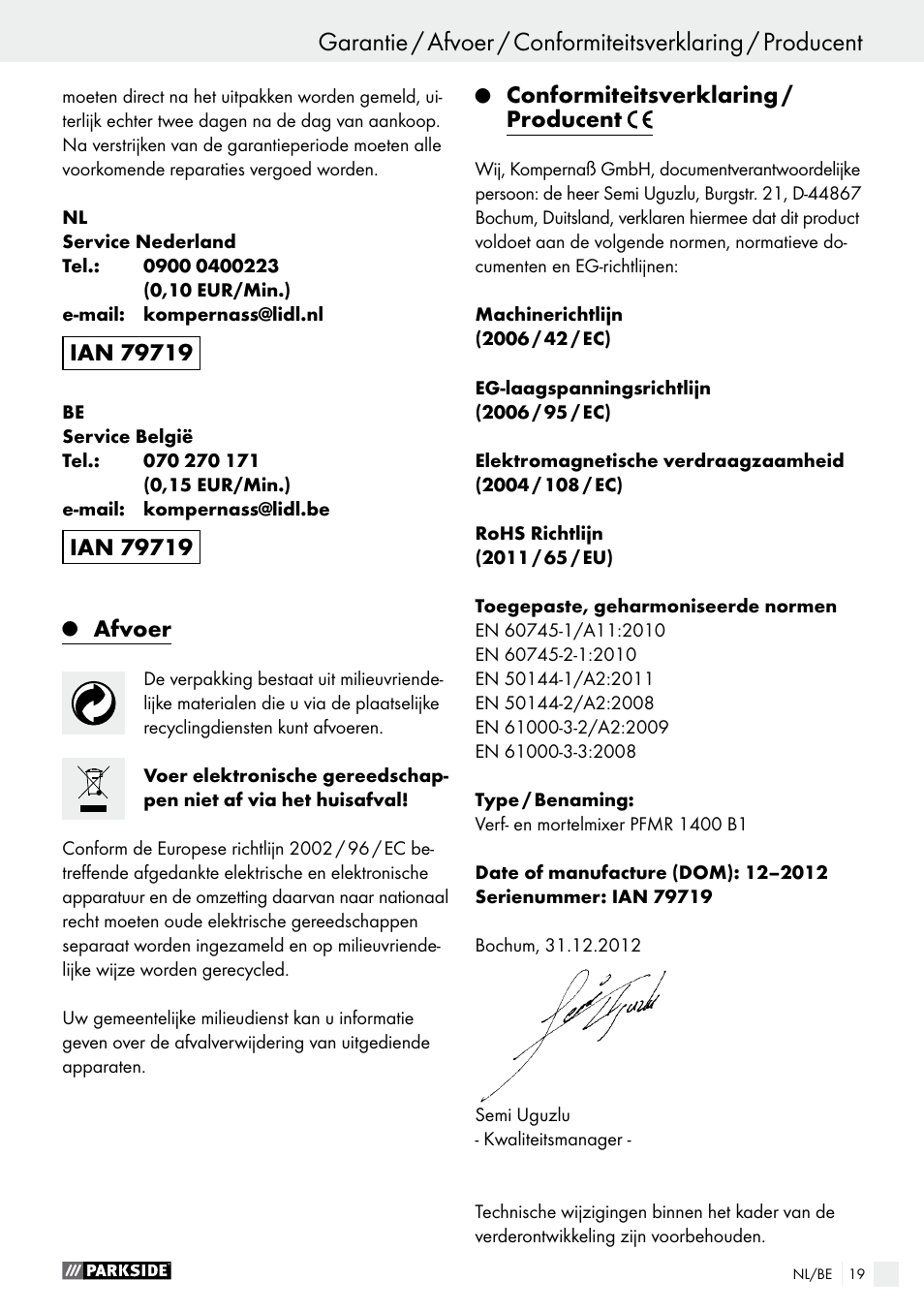 Afvoer, Conformiteitsverklaring / producent | Parkside PFMR 1400 B1 User Manual | Page 19 / 36