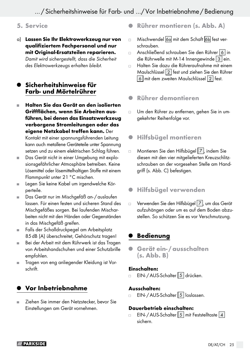Service, Sicherheitshinweise für farb- und mörtelrührer, Vor inbetriebnahme | Rührer montieren (s. abb. a), Rührer demontieren, Hilfsbügel montieren, Hilfsbügel verwenden, Bedienung, Gerät ein- / ausschalten (s. abb. b) | Parkside PFMR 1400 B1 User Manual | Page 25 / 36
