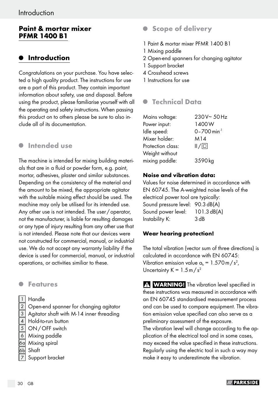 Introduction, Intended use, Features | Scope of delivery, Technical data | Parkside PFMR 1400 B1 User Manual | Page 30 / 36