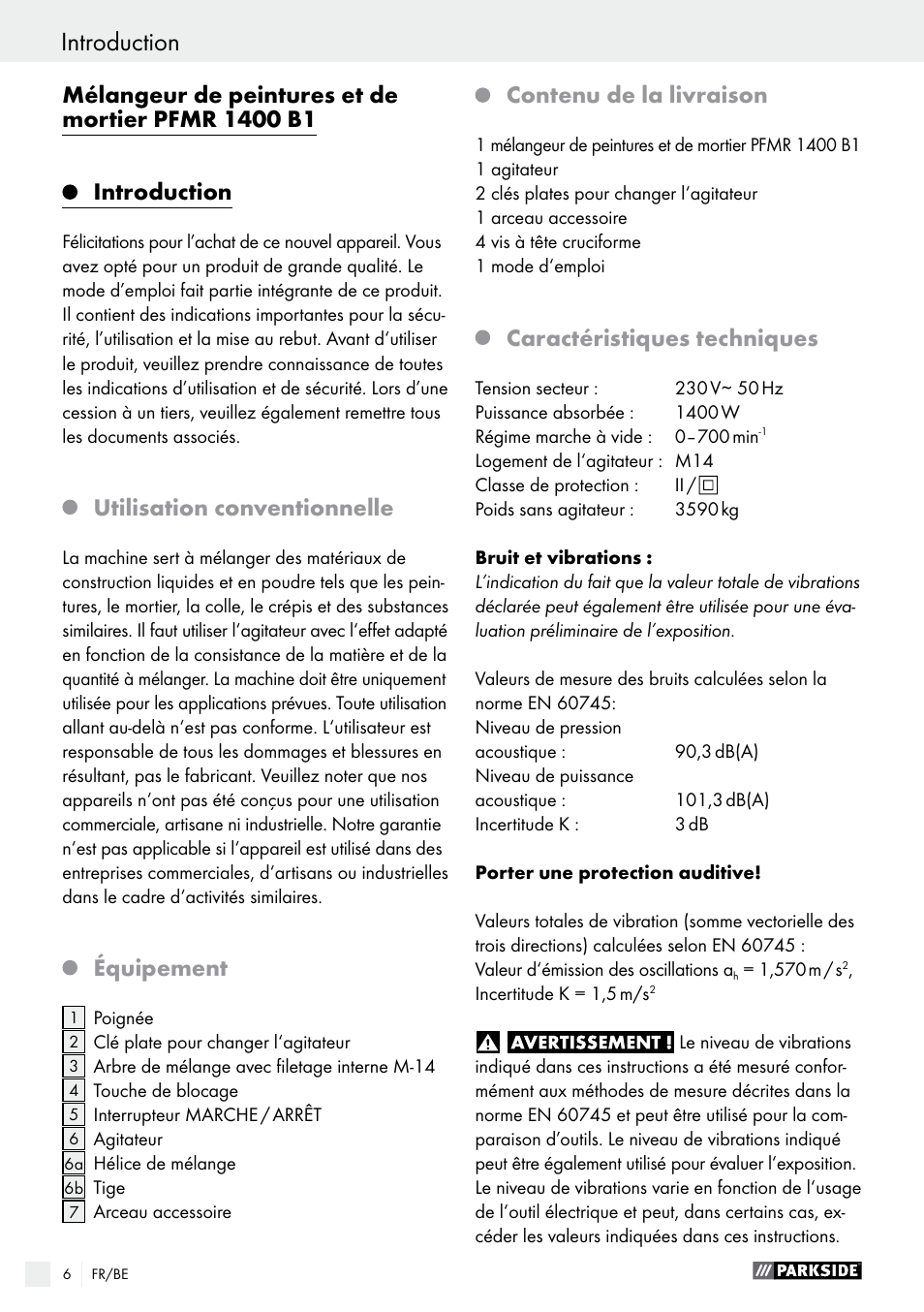 Introduction, Utilisation conventionnelle, Équipement | Contenu de la livraison, Caractéristiques techniques | Parkside PFMR 1400 B1 User Manual | Page 6 / 36