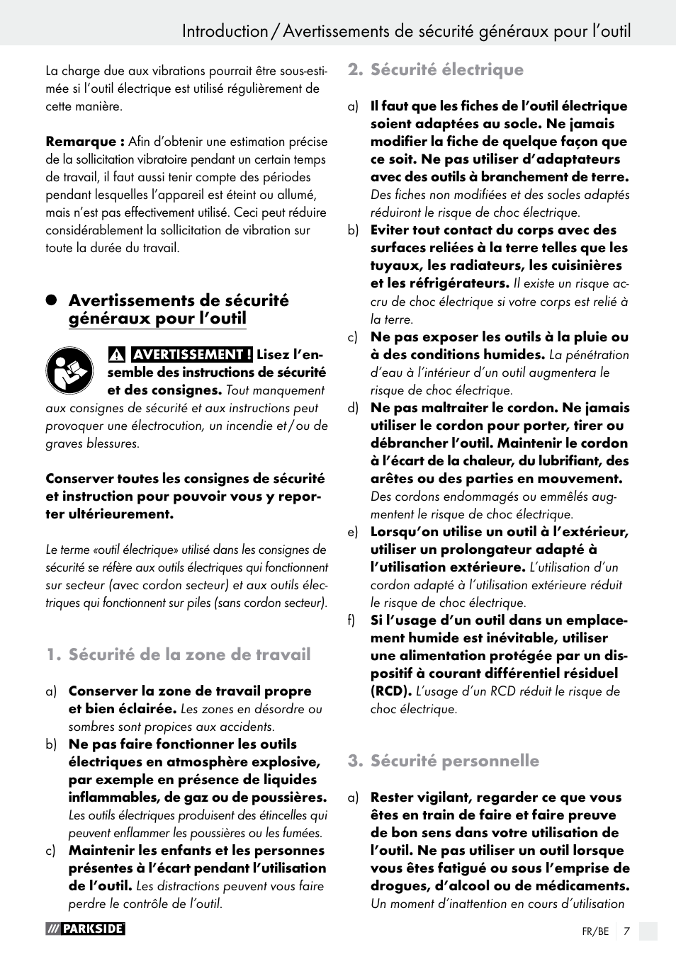 Avertissements de sécurité généraux pour l’outil, Sécurité de la zone de travail, Sécurité électrique | Sécurité personnelle | Parkside PFMR 1400 B1 User Manual | Page 7 / 36