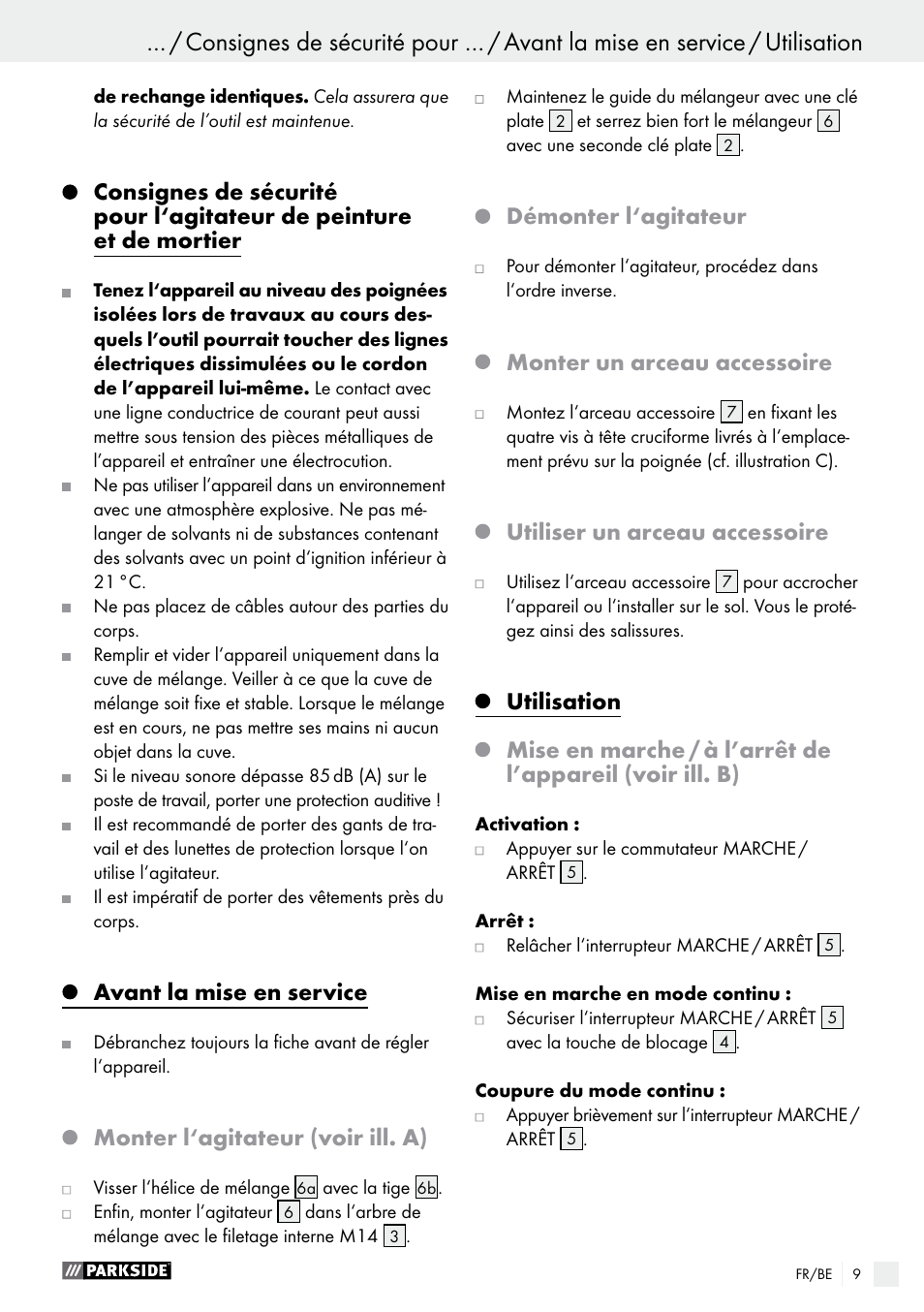 Avant la mise en service, Monter l‘agitateur (voir ill. a), Démonter l‘agitateur | Monter un arceau accessoire, Utiliser un arceau accessoire, Utilisation | Parkside PFMR 1400 B1 User Manual | Page 9 / 36