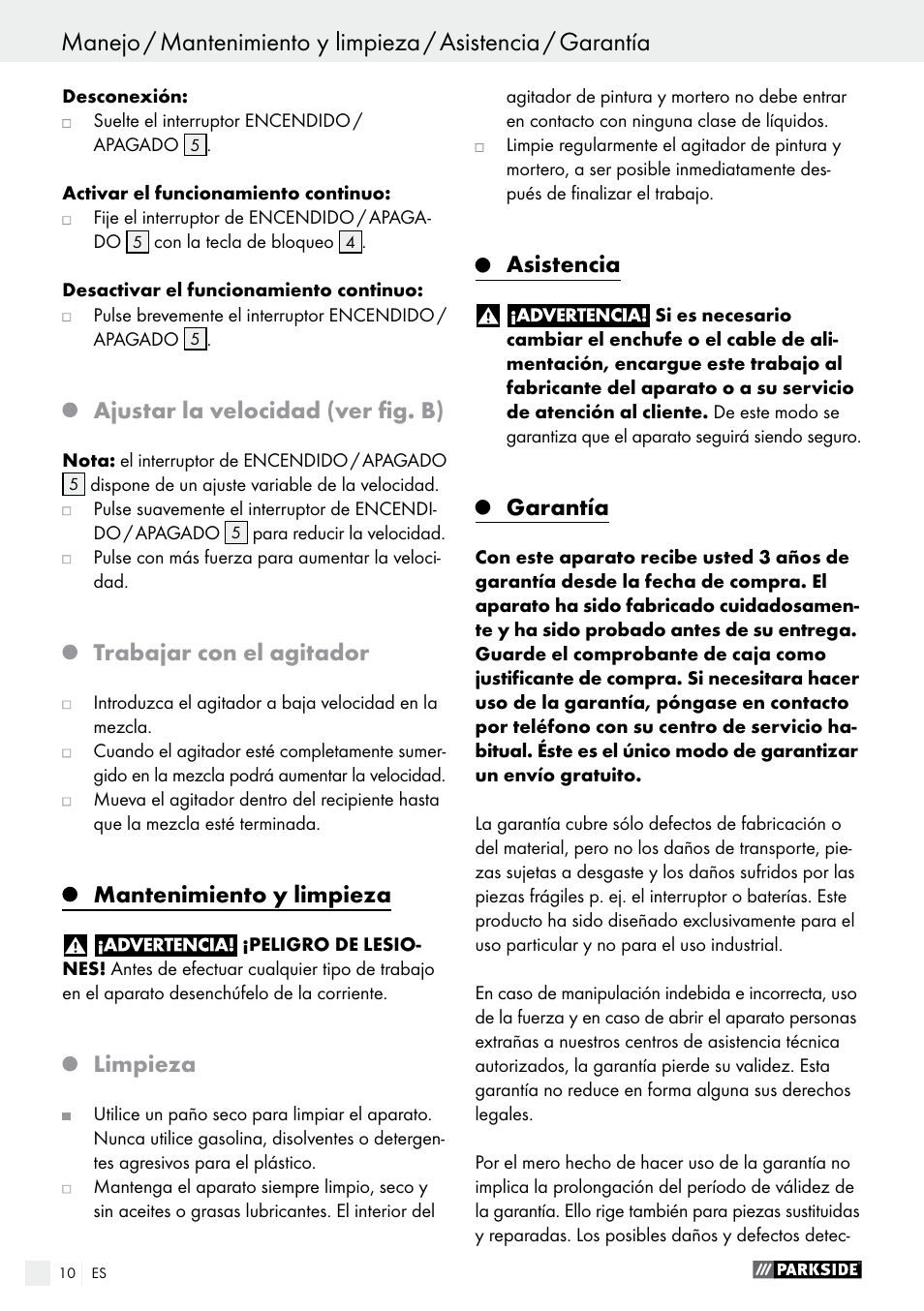 Ajustar la velocidad (ver fig. b), Trabajar con el agitador, Mantenimiento y limpieza | Limpieza, Asistencia, Garantía | Parkside PFMR 1400 B1 User Manual | Page 10 / 36