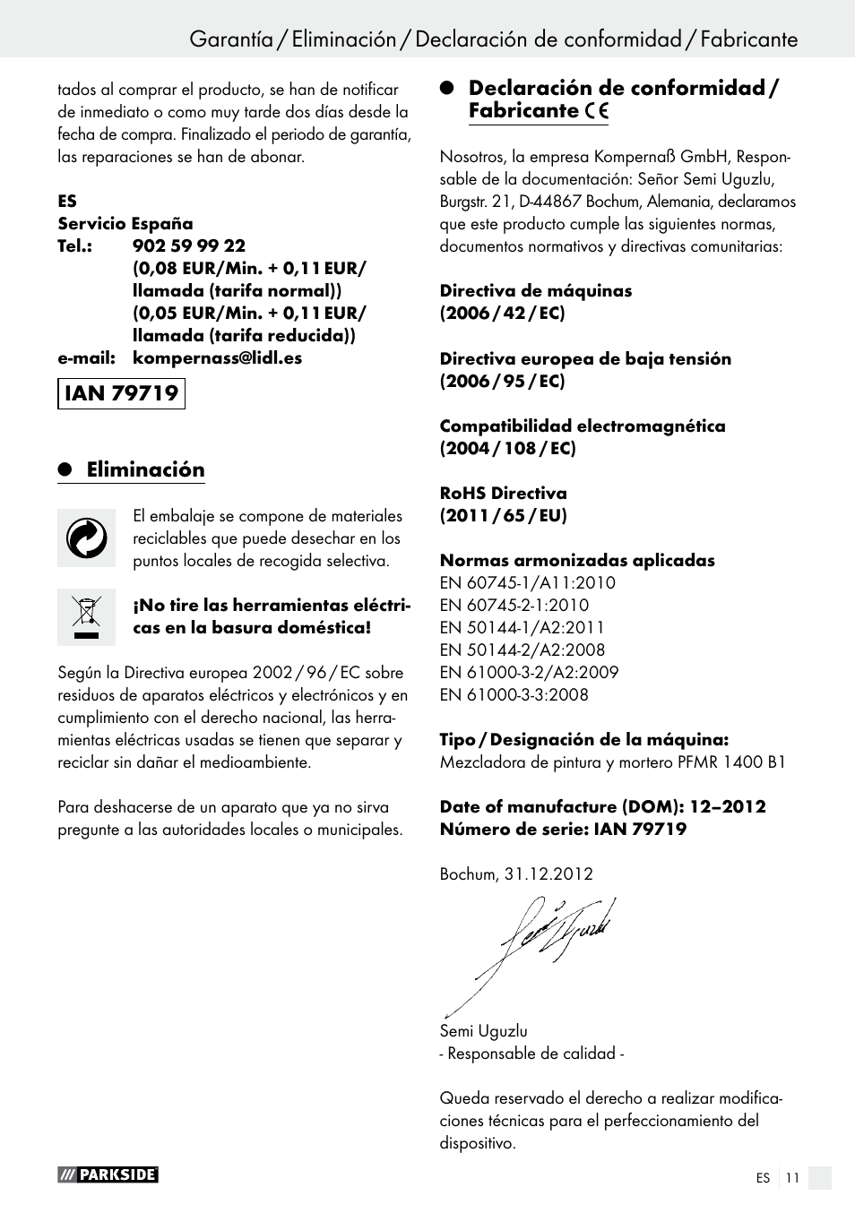 Eliminación, Declaración de conformidad / fabricante | Parkside PFMR 1400 B1 User Manual | Page 11 / 36