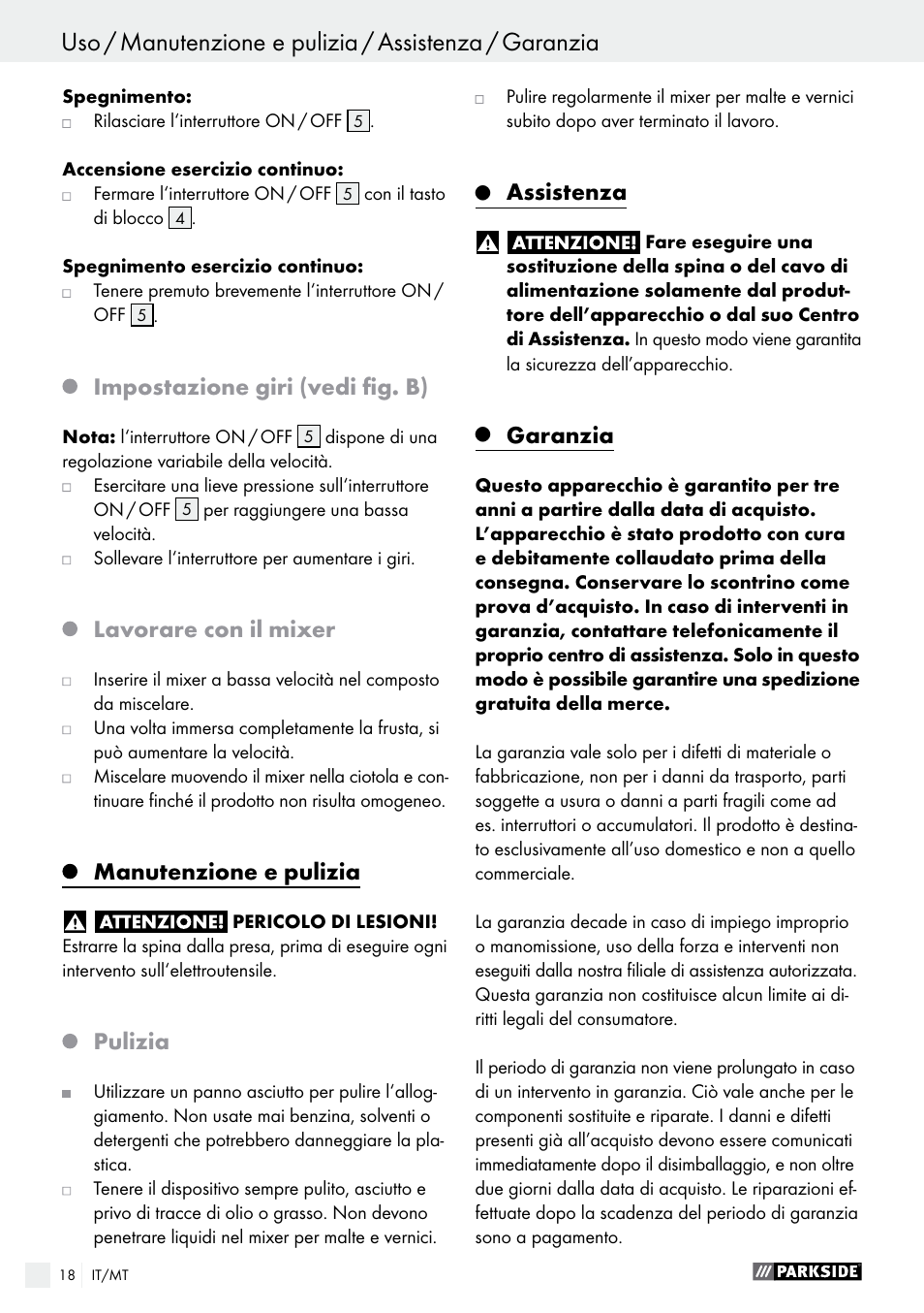 Impostazione giri (vedi fig. b), Lavorare con il mixer, Manutenzione e pulizia | Pulizia, Assistenza, Garanzia | Parkside PFMR 1400 B1 User Manual | Page 18 / 36