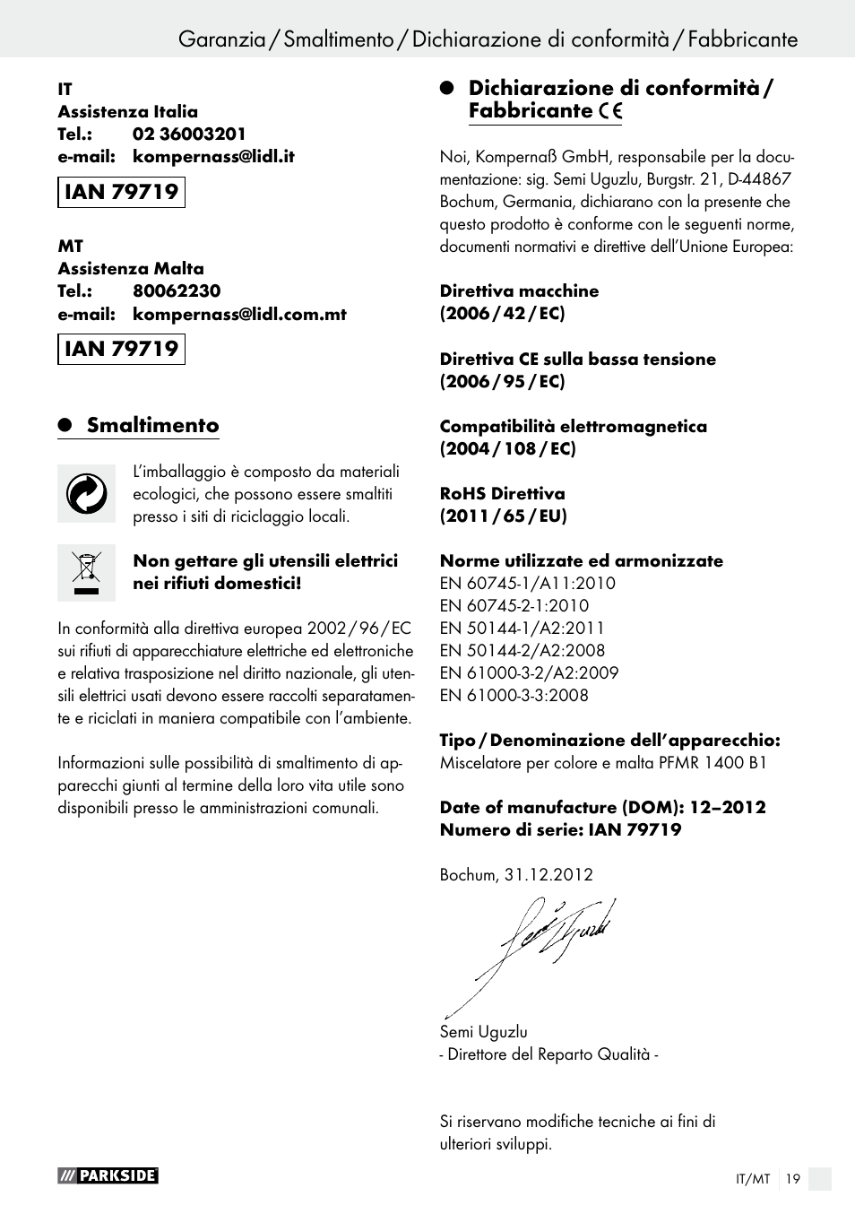 Smaltimento, Dichiarazione di conformità / fabbricante | Parkside PFMR 1400 B1 User Manual | Page 19 / 36