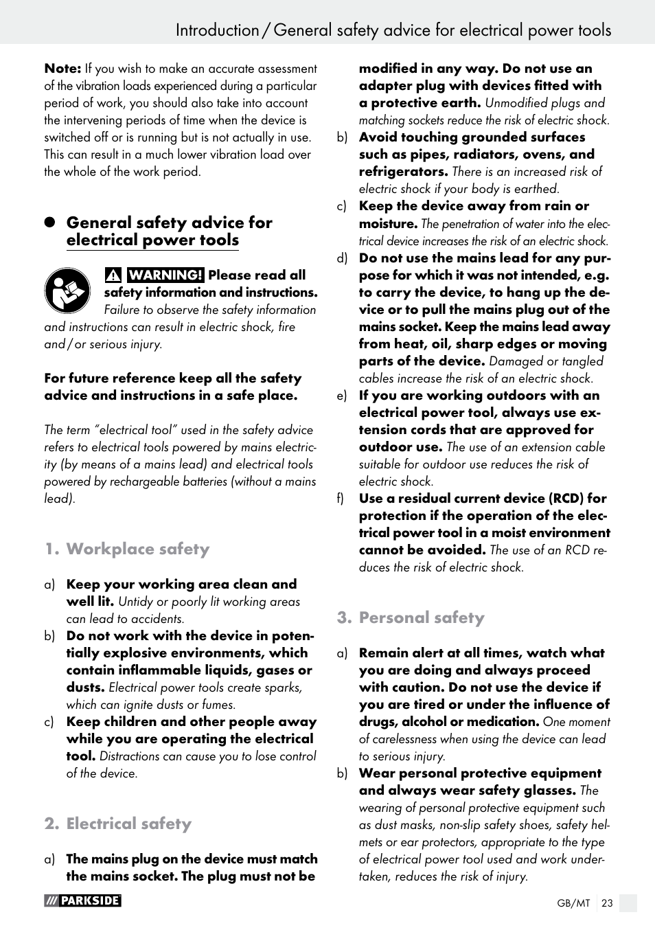 General safety advice for electrical power tools, Workplace safety, Electrical safety | Personal safety | Parkside PFMR 1400 B1 User Manual | Page 23 / 36