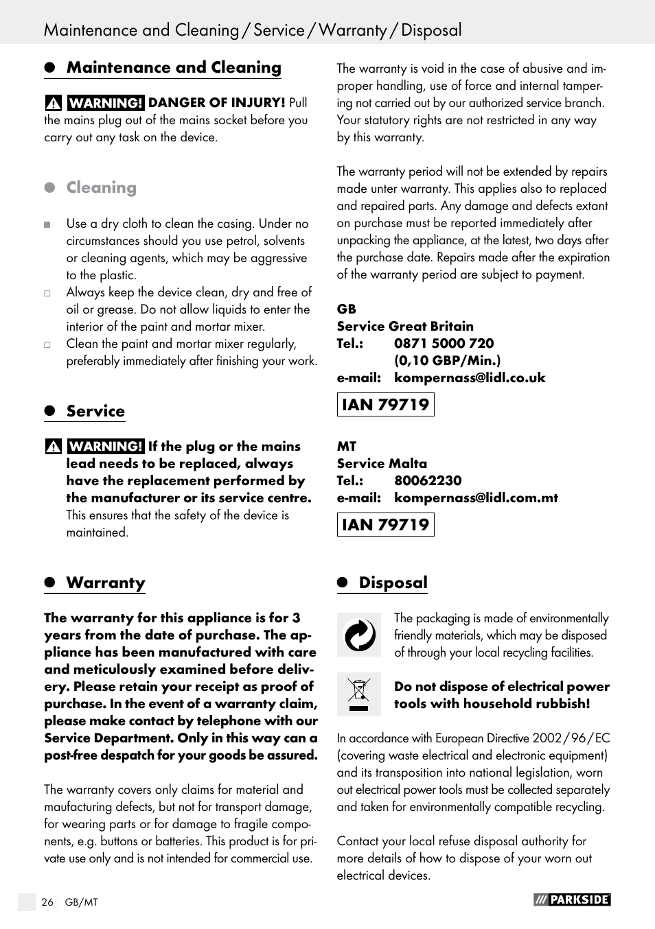 Maintenance and cleaning, Cleaning, Service | Warranty, Disposal | Parkside PFMR 1400 B1 User Manual | Page 26 / 36