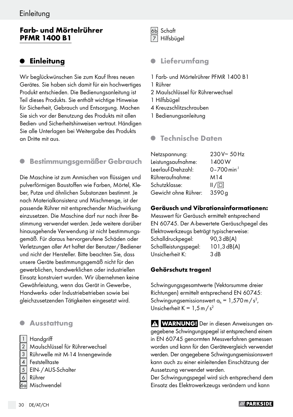 Einleitung, Bestimmungsgemäßer gebrauch, Ausstattung | Lieferumfang, Technische daten | Parkside PFMR 1400 B1 User Manual | Page 30 / 36