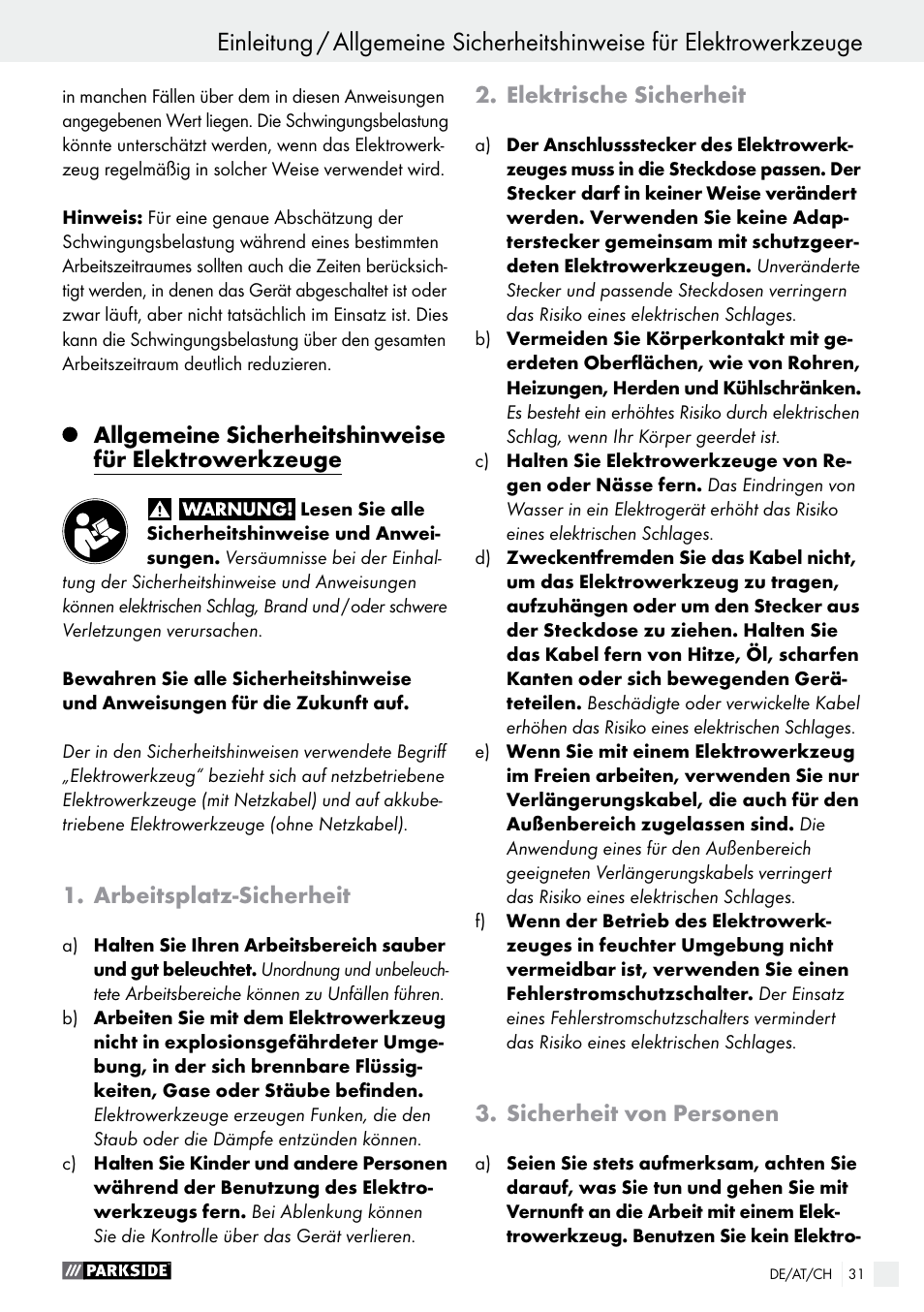 Arbeitsplatz-sicherheit, Elektrische sicherheit, Sicherheit von personen | Parkside PFMR 1400 B1 User Manual | Page 31 / 36