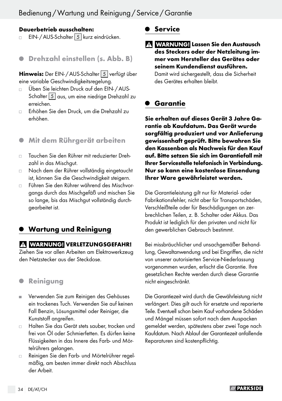 Drehzahl einstellen (s. abb. b), Mit dem rührgerät arbeiten, Wartung und reinigung | Reinigung, Service, Garantie | Parkside PFMR 1400 B1 User Manual | Page 34 / 36