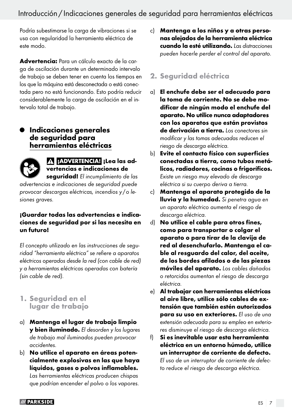 Seguridad en el lugar de trabajo, Seguridad eléctrica | Parkside PFMR 1400 B1 User Manual | Page 7 / 36