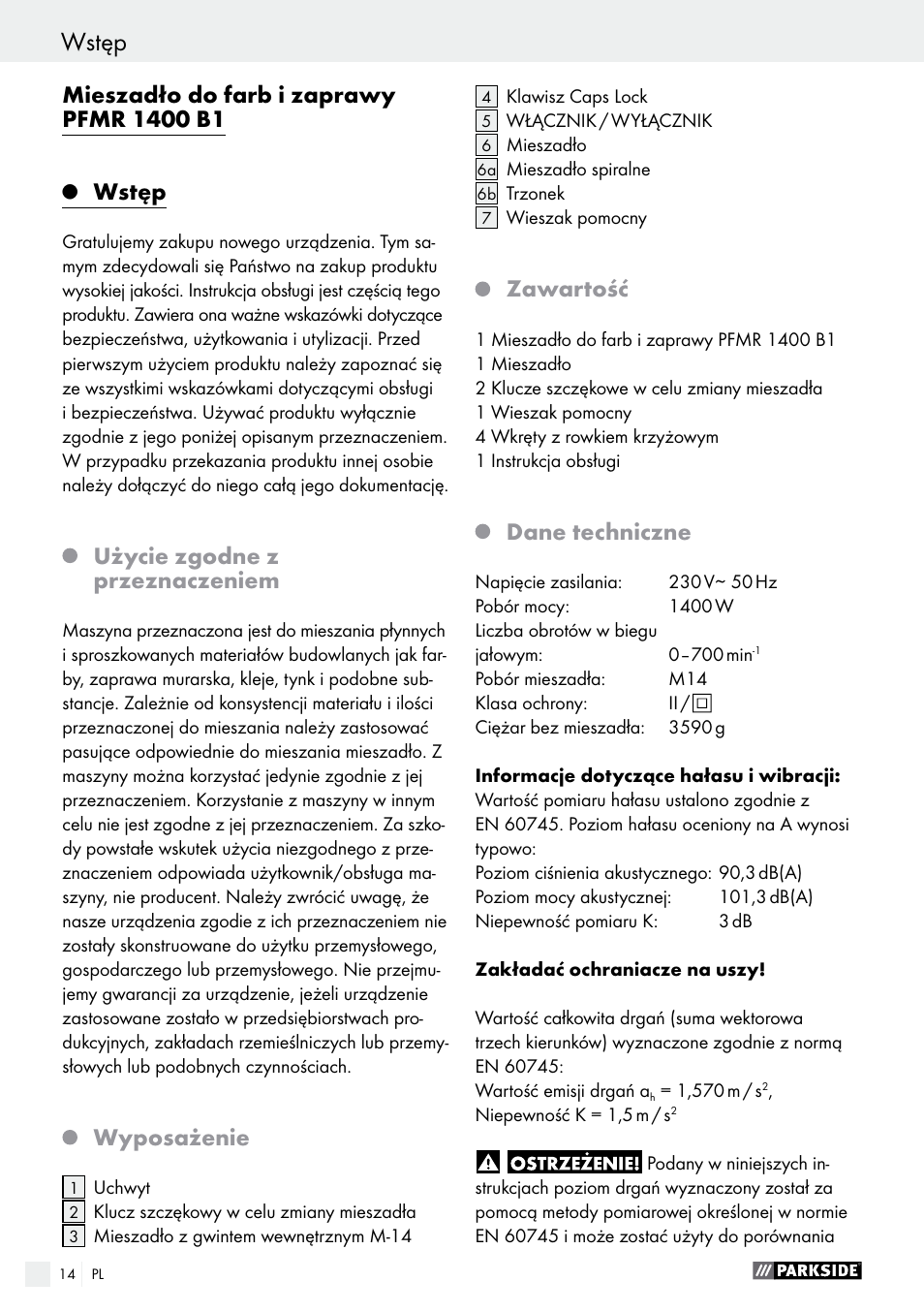 Wstęp, Użycie zgodne z przeznaczeniem, Wyposażenie | Zawartość, Dane techniczne | Parkside PFMR 1400 B1 User Manual | Page 14 / 62