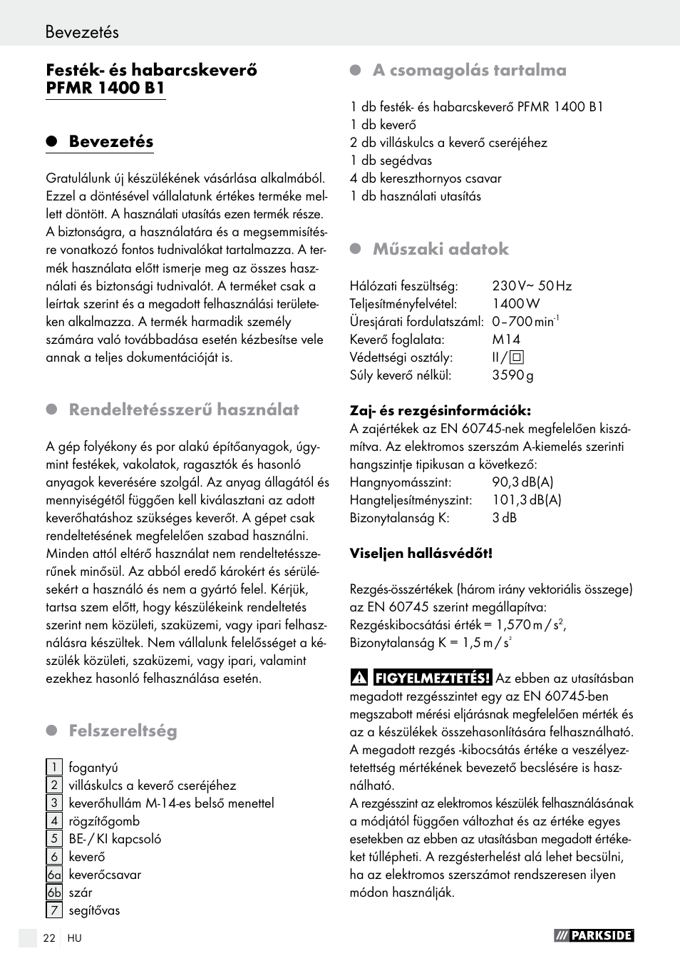 Bevezetés, Rendeltetésszerű használat, Felszereltség | A csomagolás tartalma, Műszaki adatok | Parkside PFMR 1400 B1 User Manual | Page 22 / 62