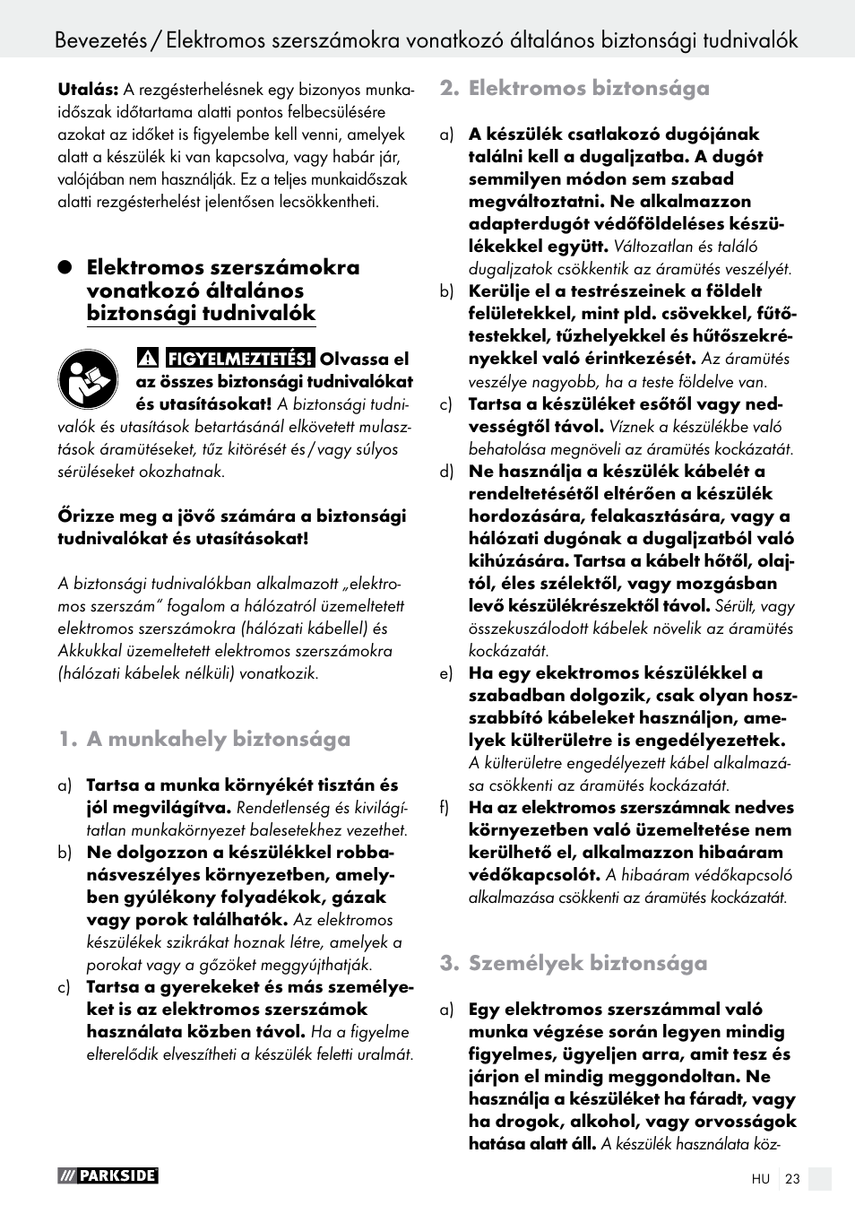 A munkahely biztonsága, Elektromos biztonsága, Személyek biztonsága | Parkside PFMR 1400 B1 User Manual | Page 23 / 62