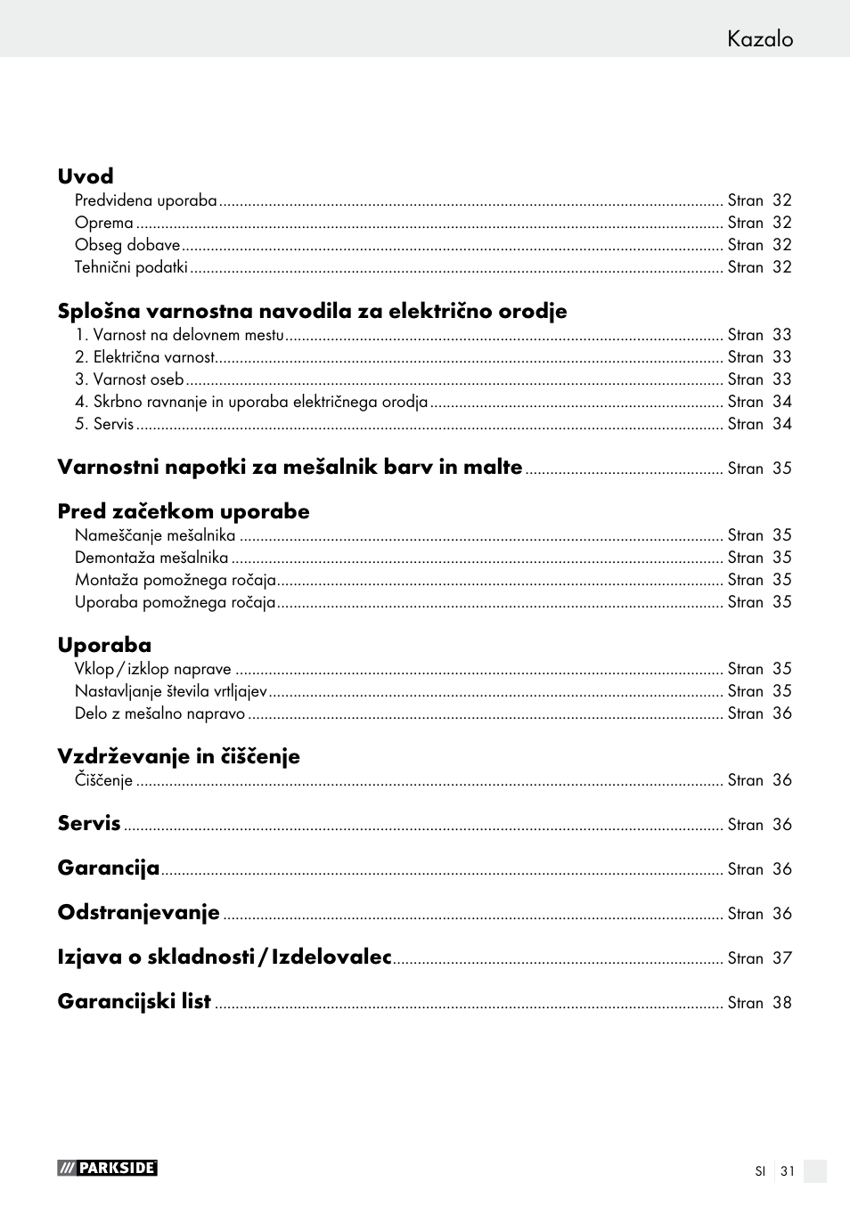 Kazalo | Parkside PFMR 1400 B1 User Manual | Page 31 / 62