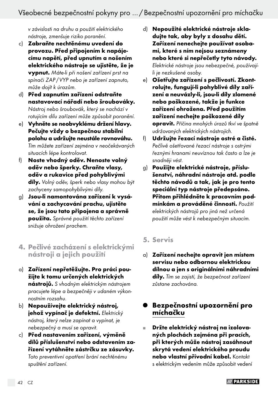 Servis, Bezpečnostní upozornění pro míchačku | Parkside PFMR 1400 B1 User Manual | Page 42 / 62