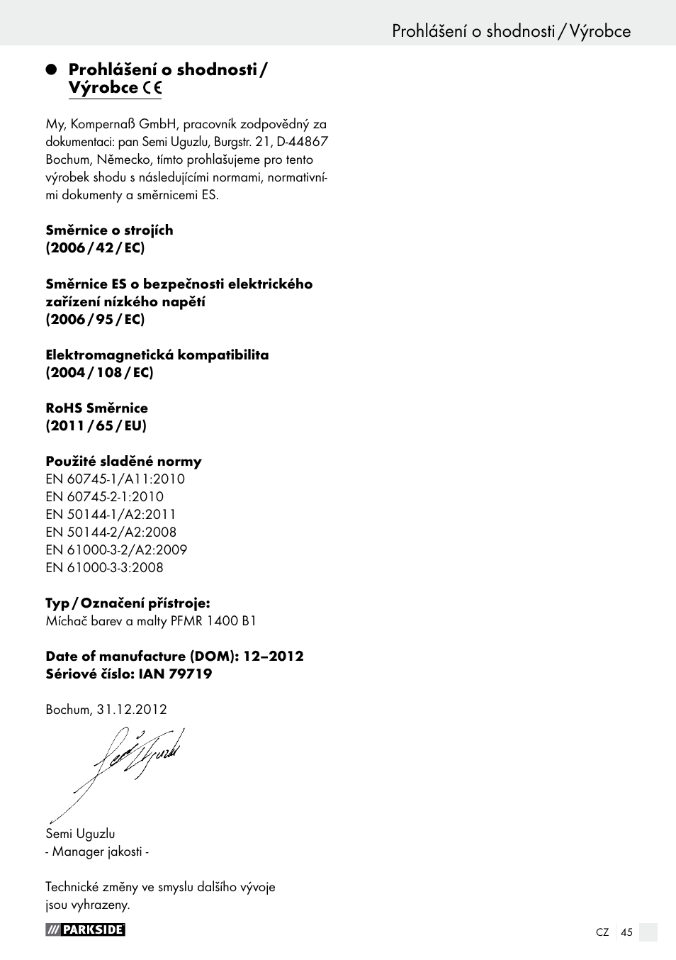 Údržba a čistění / servis / záruka / zlikvidování, Prohlášení o shodnosti / výrobce | Parkside PFMR 1400 B1 User Manual | Page 45 / 62