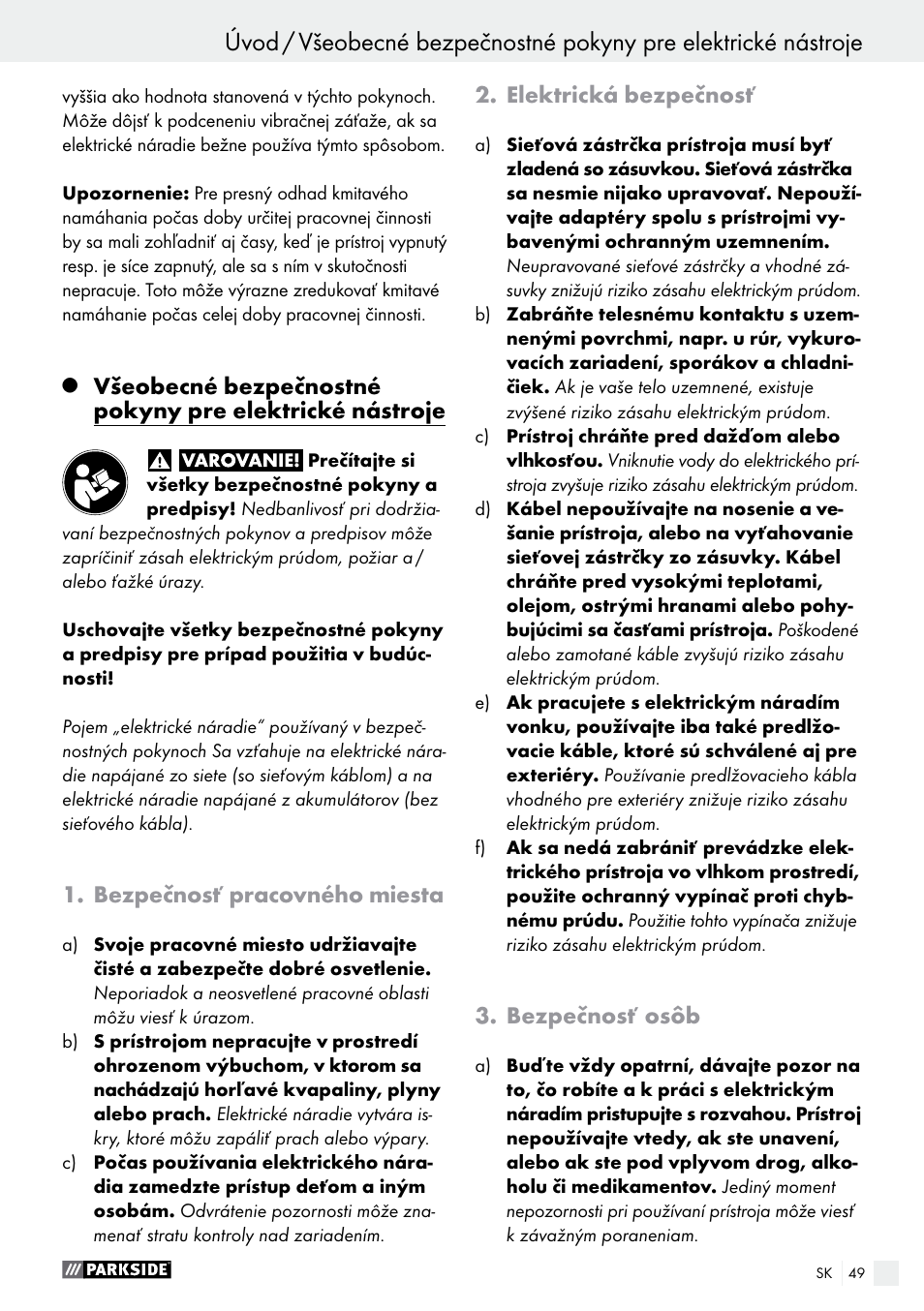 Úvod, Bezpečnosť pracovného miesta, Elektrická bezpečnosť | Bezpečnosť osôb | Parkside PFMR 1400 B1 User Manual | Page 49 / 62