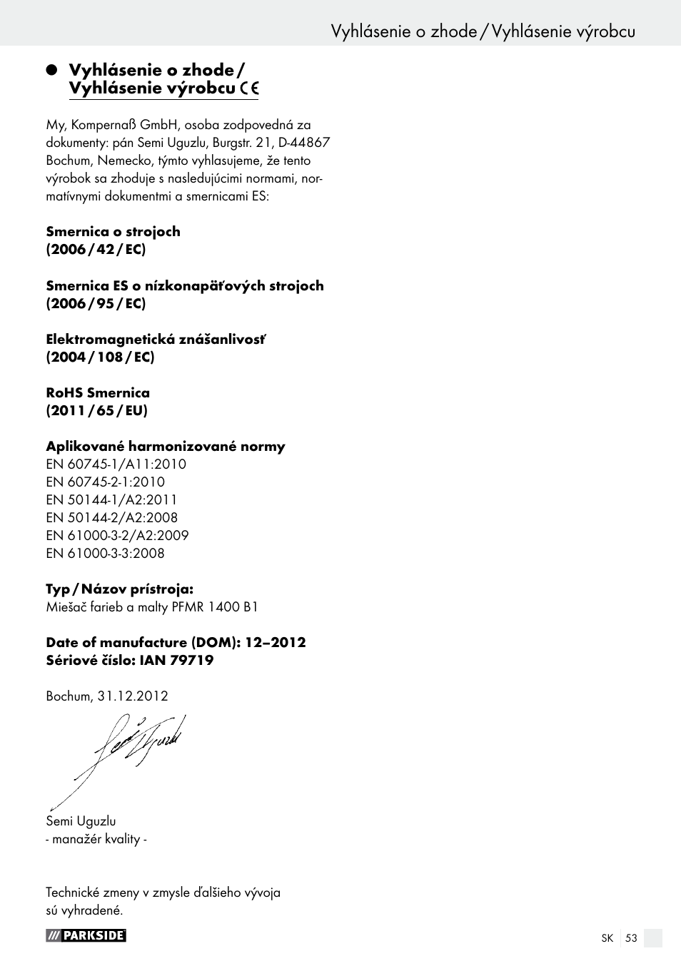 Vyhlásenie o zhode / vyhlásenie výrobcu | Parkside PFMR 1400 B1 User Manual | Page 53 / 62