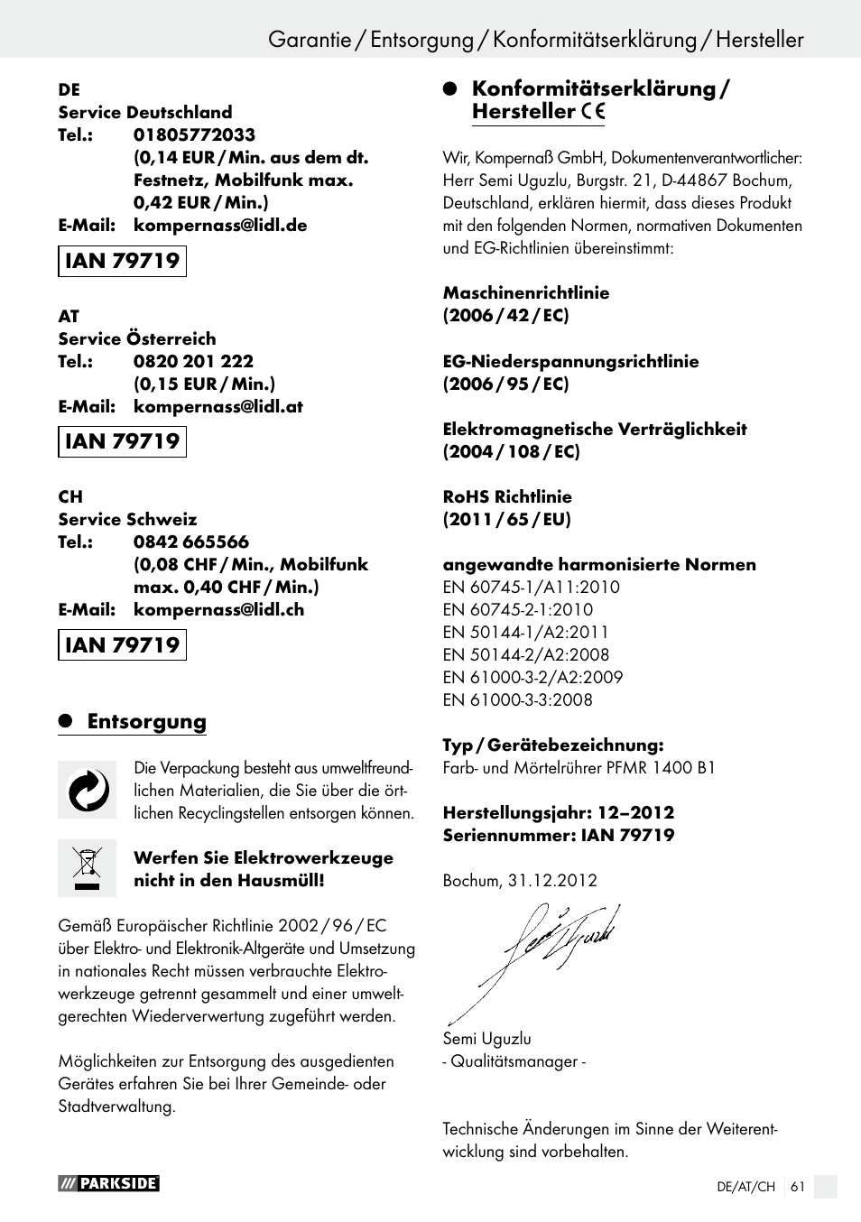 Entsorgung, Konformitätserklärung / hersteller | Parkside PFMR 1400 B1 User Manual | Page 61 / 62