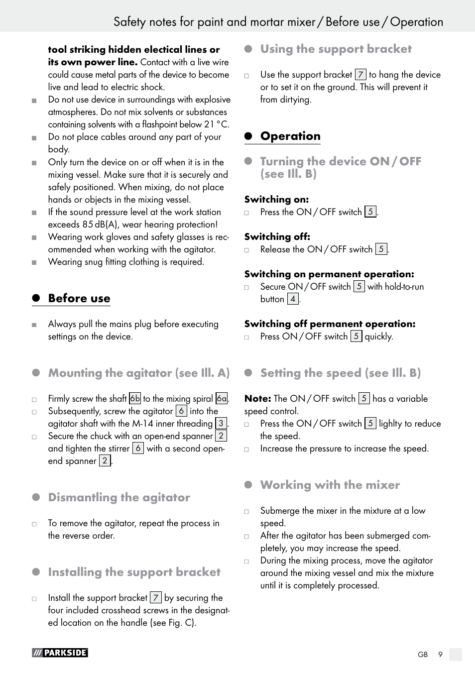 Before use, Mounting the agitator (see ill. a), Dismantling the agitator | Installing the support bracket, Using the support bracket, Operation, Turning the device on / off (see ill. b), Setting the speed (see ill. b), Working with the mixer | Parkside PFMR 1400 B1 User Manual | Page 9 / 62