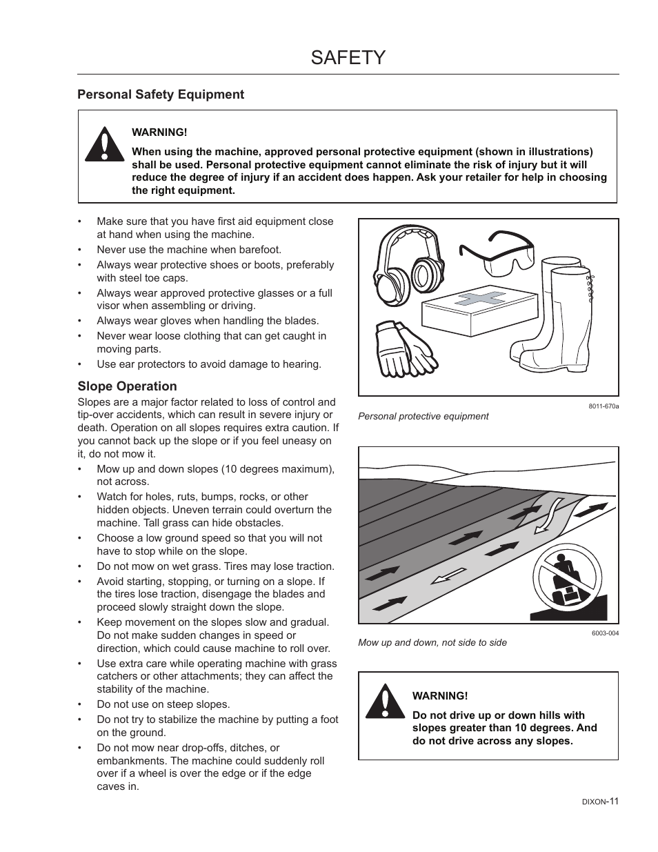 Personal safety equipment, Slope operation, Safety | Dixon SpeedZTR 965882301 User Manual | Page 11 / 75