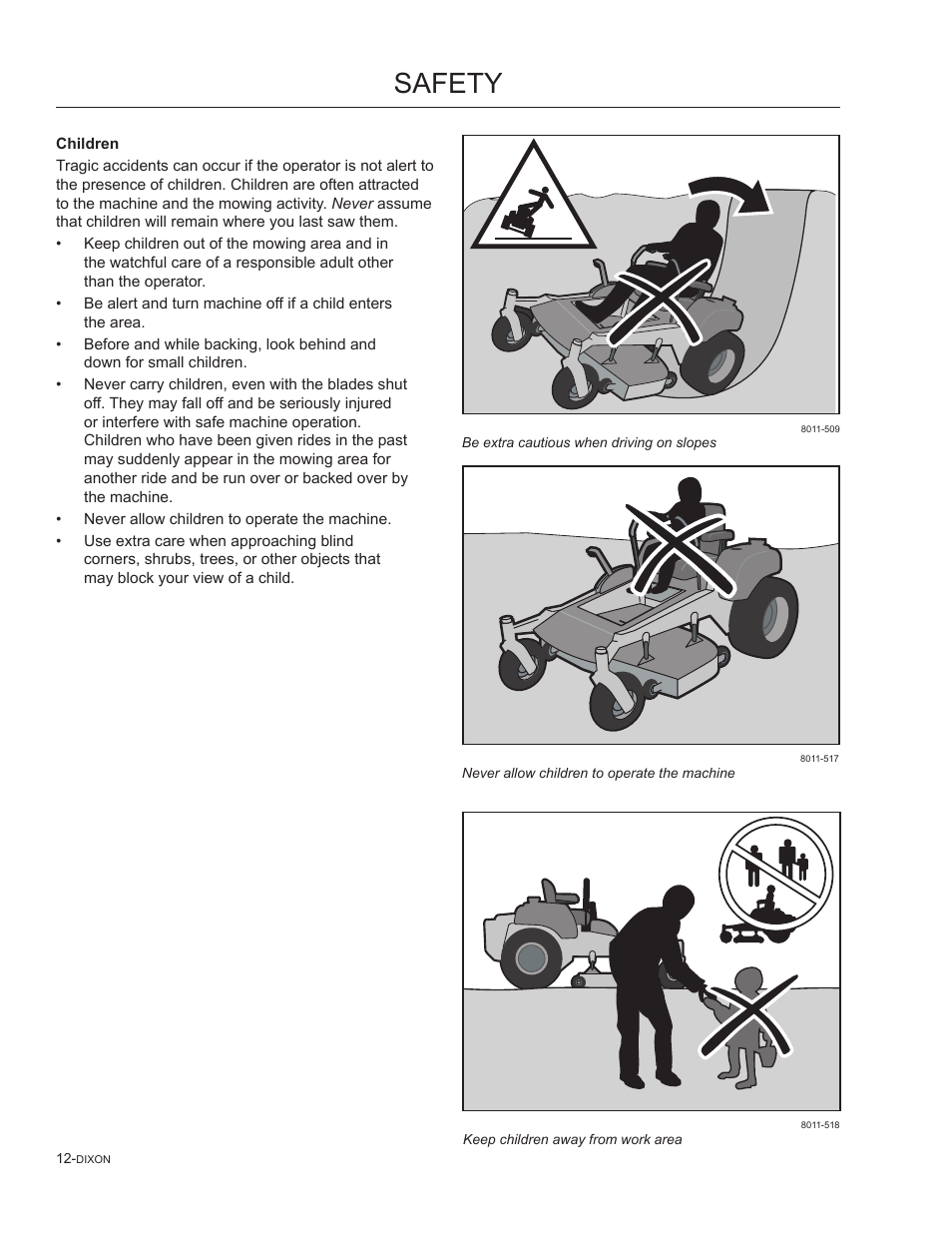 Safety | Dixon SpeedZTR 965882301 User Manual | Page 12 / 75