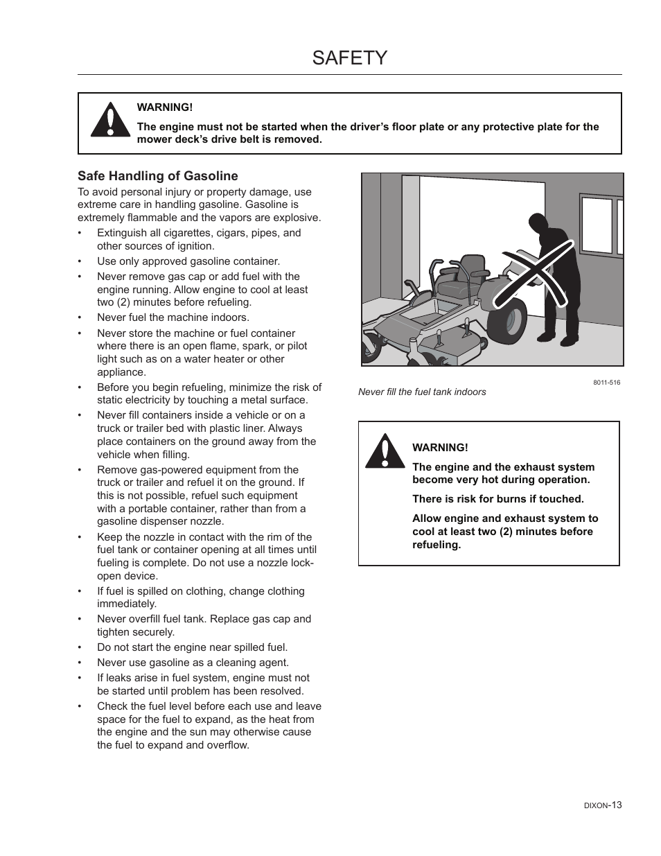 Safe handling of gasoline, Safety | Dixon SpeedZTR 965882301 User Manual | Page 13 / 75