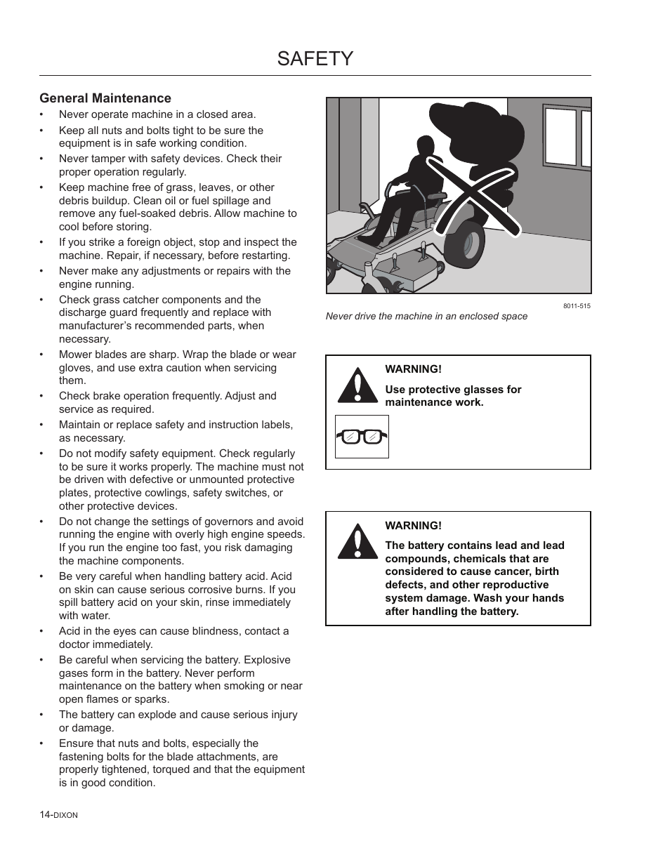 General maintenance, Safety | Dixon SpeedZTR 965882301 User Manual | Page 14 / 75