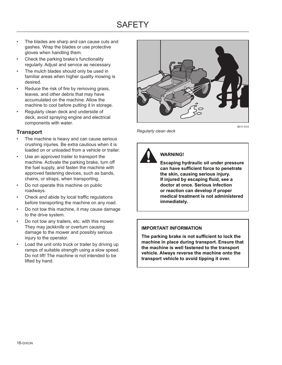 Transport, Safety | Dixon SpeedZTR 965882301 User Manual | Page 16 / 75