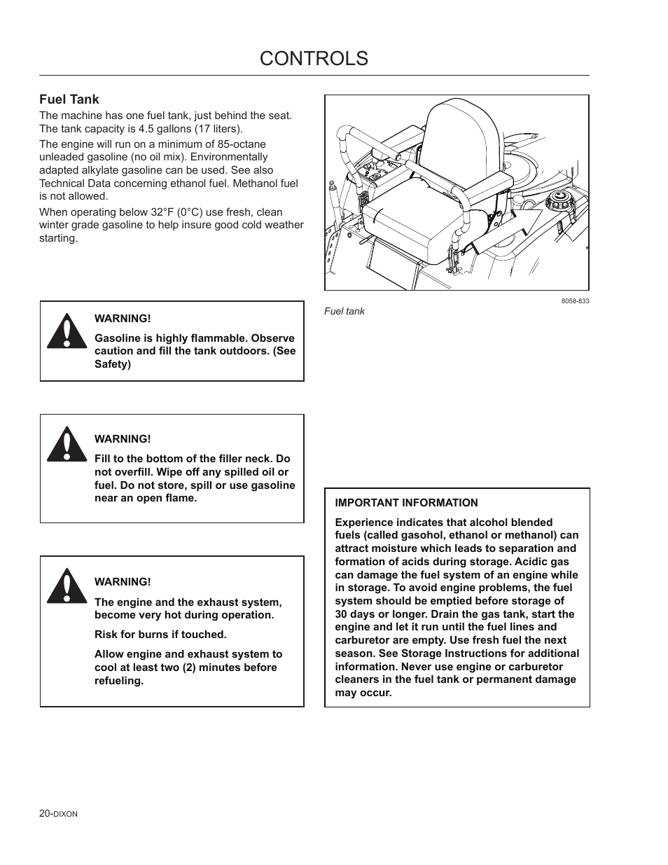 Fuel tank, Controls | Dixon SpeedZTR 965882301 User Manual | Page 20 / 75
