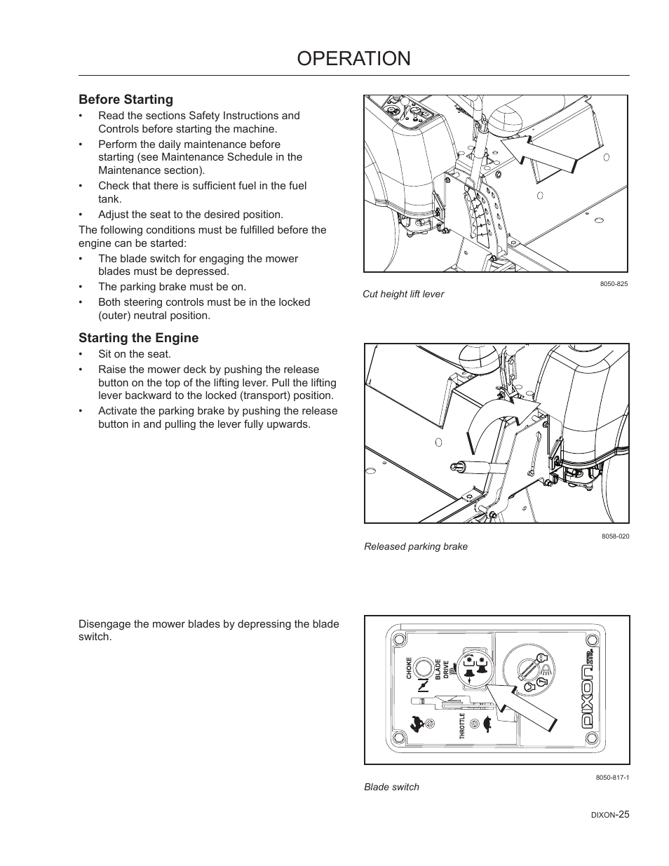 Before starting, Starting the engine, Operation | Dixon SpeedZTR 965882301 User Manual | Page 25 / 75