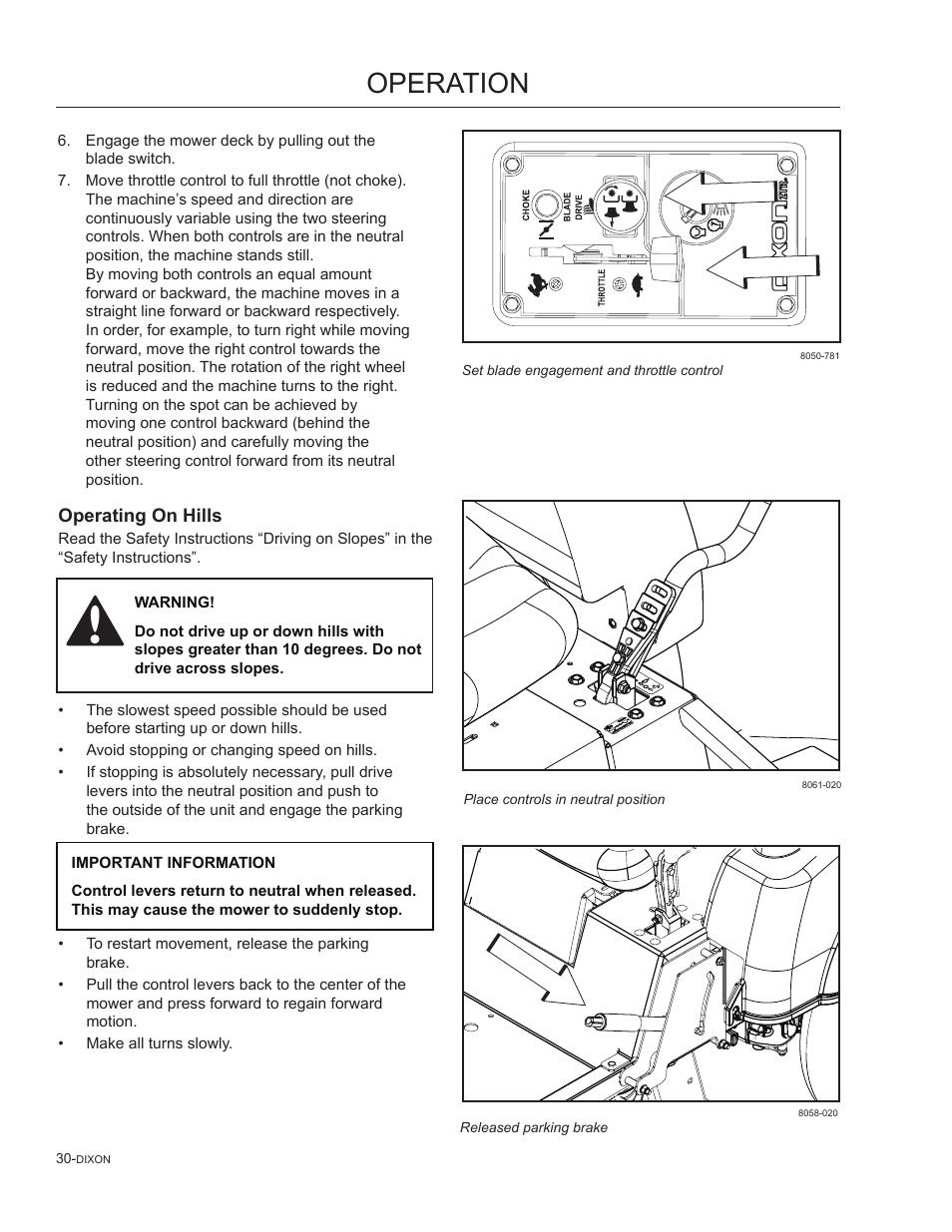 Operating on hills, Operation | Dixon SpeedZTR 965882301 User Manual | Page 30 / 75
