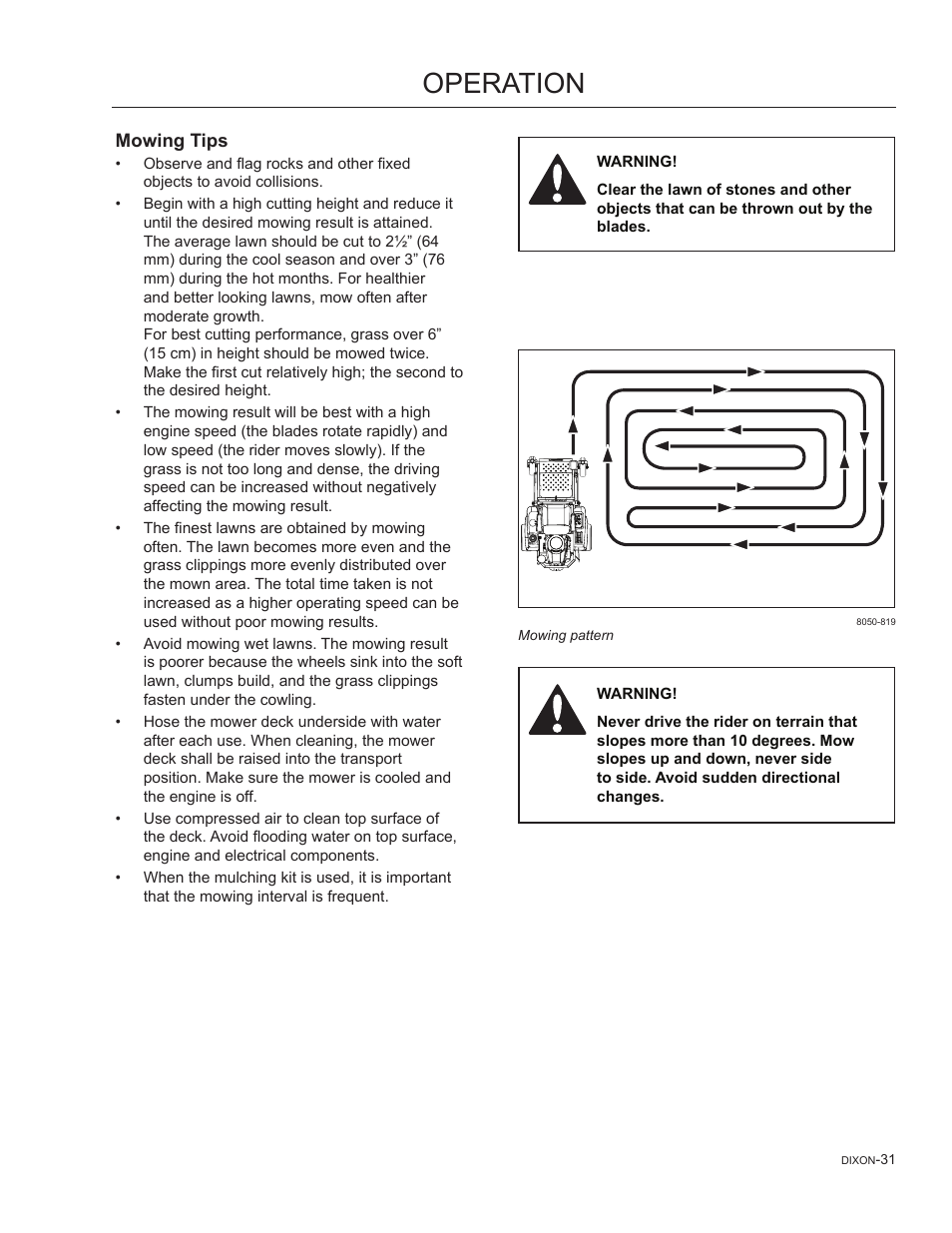 Mowing tips, Operation | Dixon SpeedZTR 965882301 User Manual | Page 31 / 75