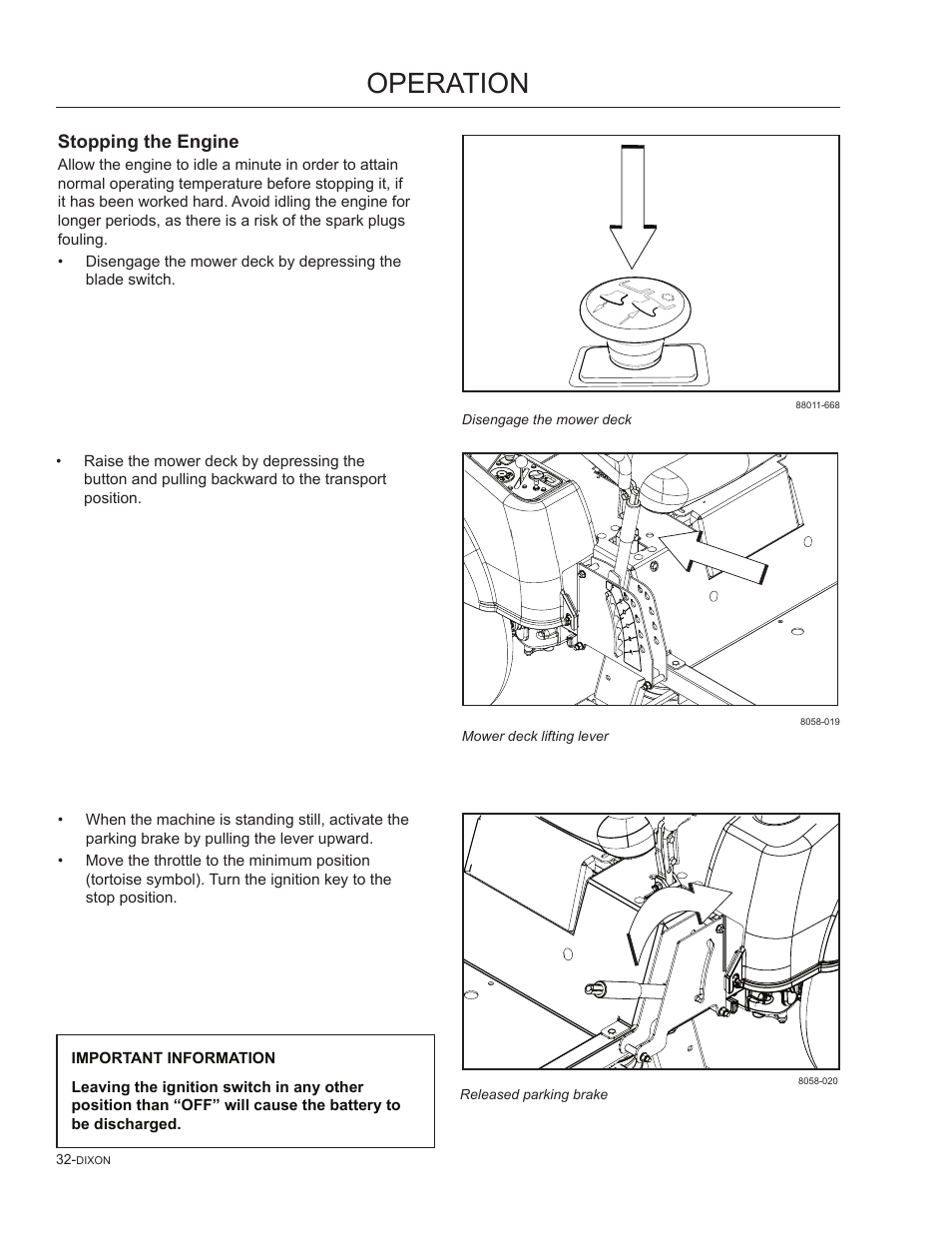 Stopping the engine, Operation | Dixon SpeedZTR 965882301 User Manual | Page 32 / 75