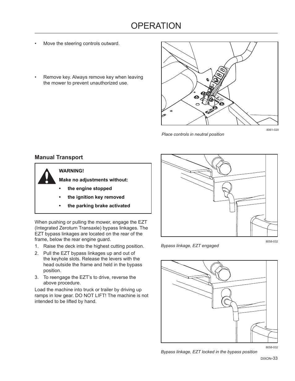 Manual transport, Operation | Dixon SpeedZTR 965882301 User Manual | Page 33 / 75