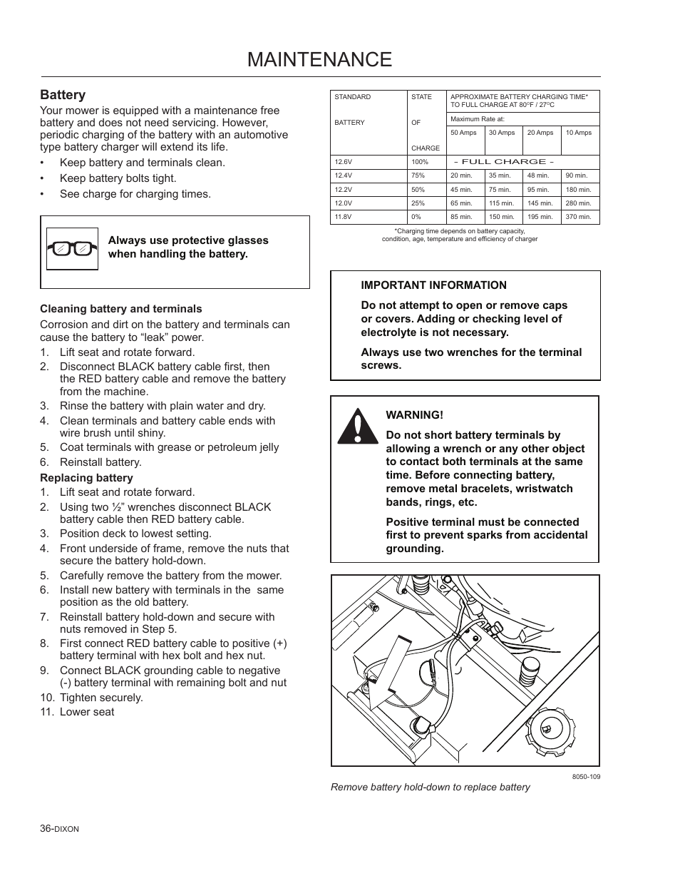 Battery, Maintenance | Dixon SpeedZTR 965882301 User Manual | Page 36 / 75