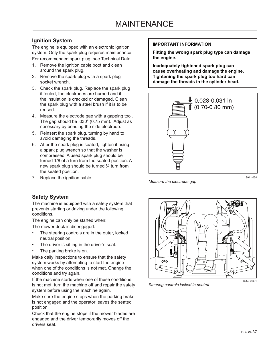 Ignition system, Safety system, Maintenance | Dixon SpeedZTR 965882301 User Manual | Page 37 / 75