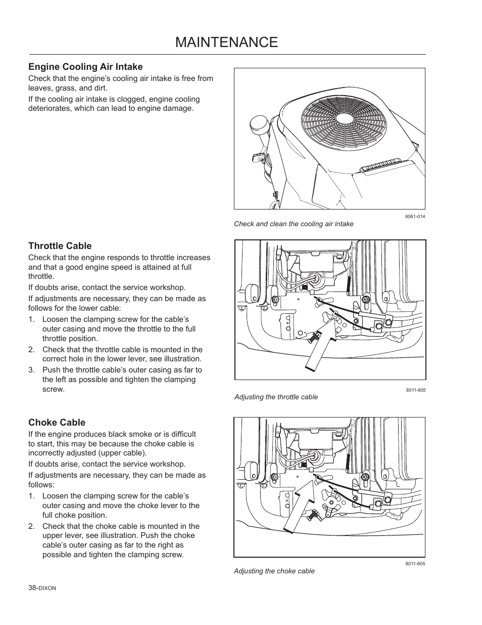 Engine cooling air intake, Throttle cable, Choke cable | Maintenance | Dixon SpeedZTR 965882301 User Manual | Page 38 / 75