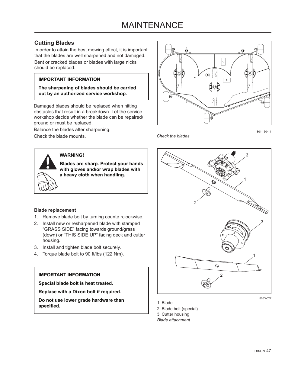 Cutting blades, Blade replacement, Maintenance | Dixon SpeedZTR 965882301 User Manual | Page 47 / 75