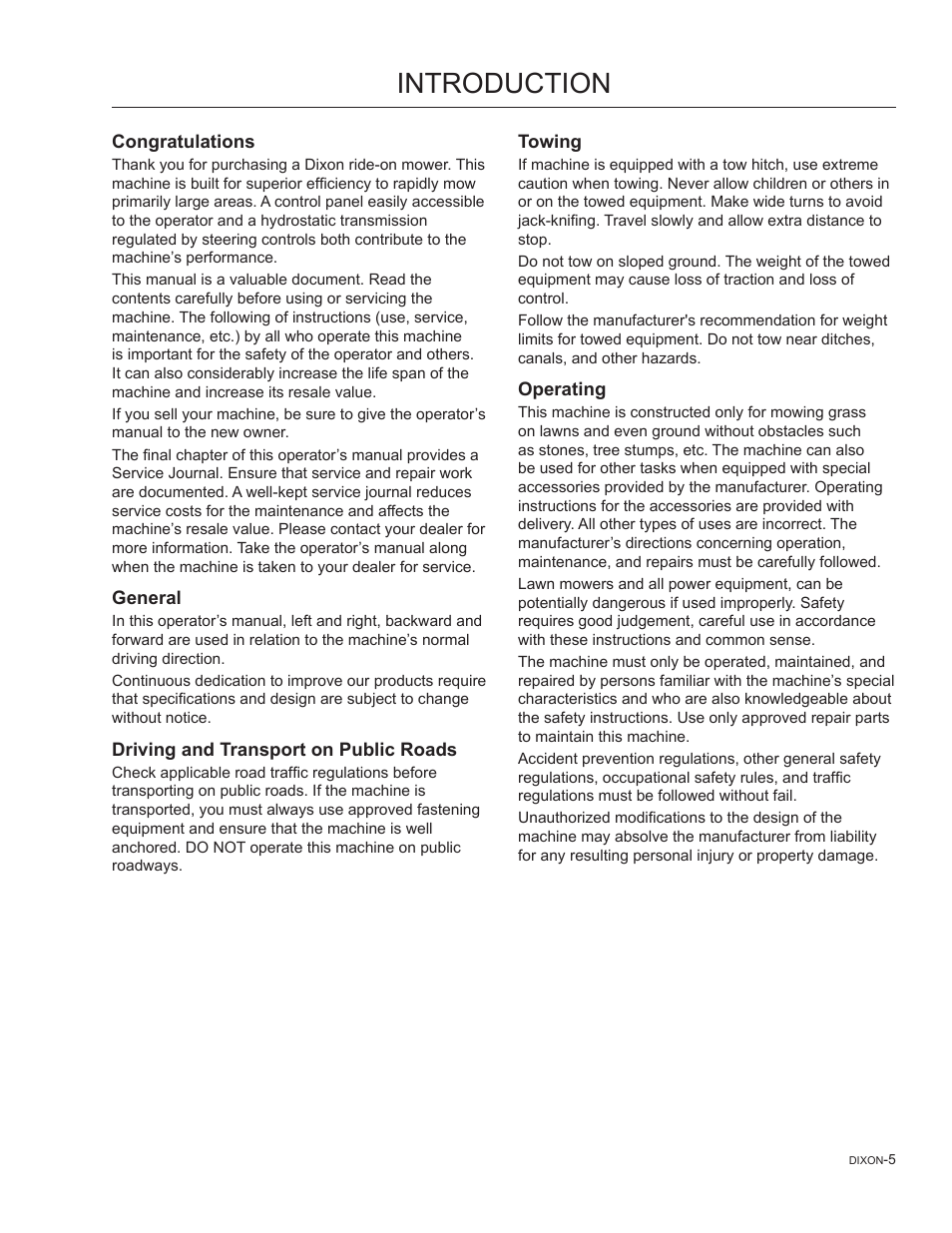 Introduction, Driving and transport on public roads, Towing | Operating | Dixon SpeedZTR 965882301 User Manual | Page 5 / 75