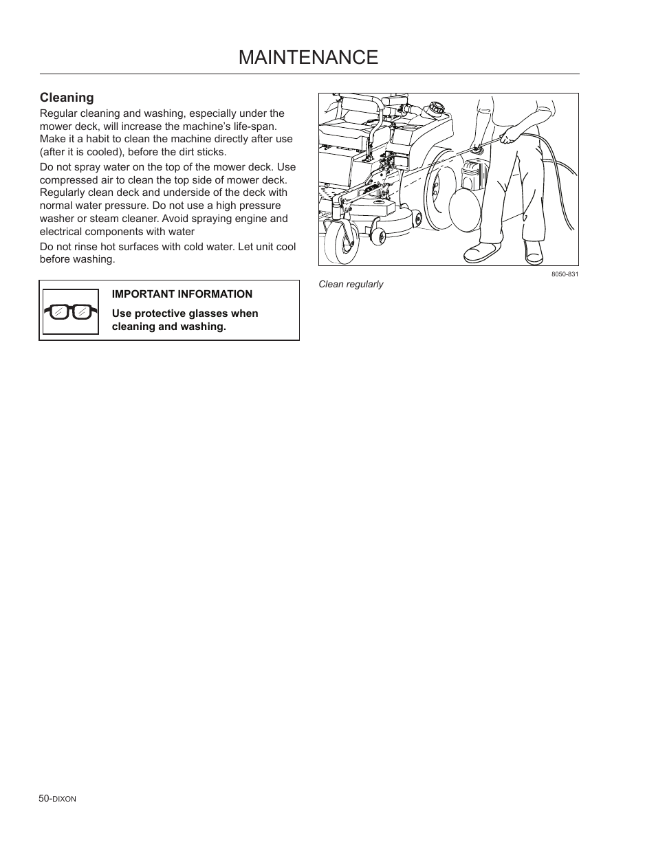 Cleaning, Maintenance | Dixon SpeedZTR 965882301 User Manual | Page 50 / 75