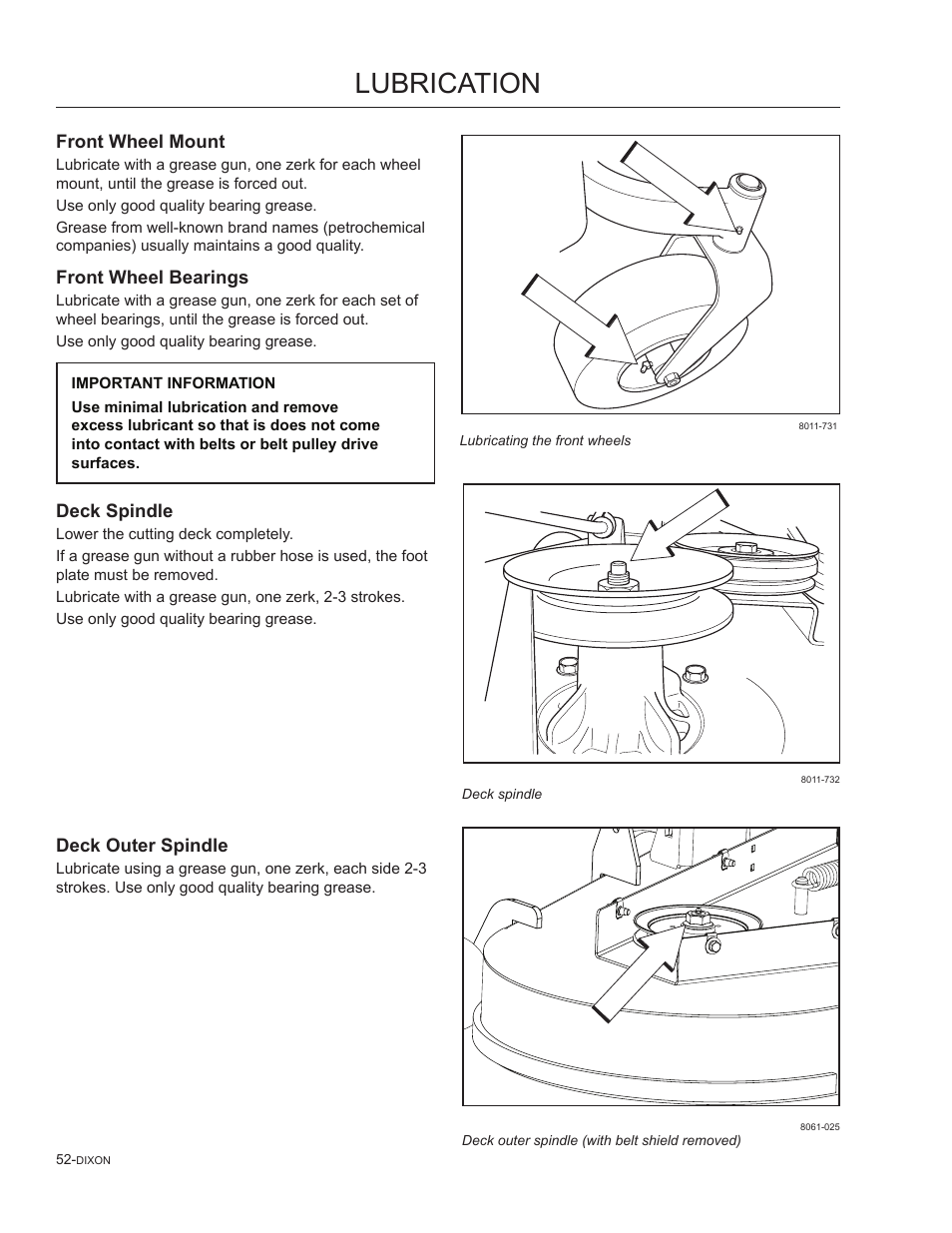 Front wheel mount, Front wheel bearings, Deck spindle | Deck outer spindle, Lubrication | Dixon SpeedZTR 965882301 User Manual | Page 52 / 75