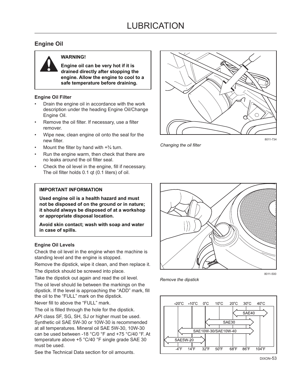 Engine oil, Engine oil levels, Lubrication | Dixon SpeedZTR 965882301 User Manual | Page 53 / 75