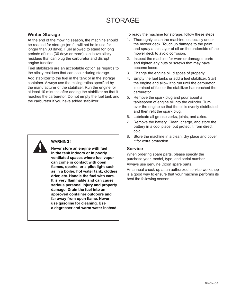 Storage, Winter storage, Service | Dixon SpeedZTR 965882301 User Manual | Page 57 / 75